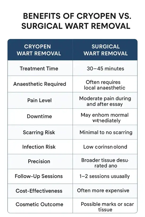Table showing the benefits of cryopen to remove warts Bury St Edmunds compared to surgical treatment